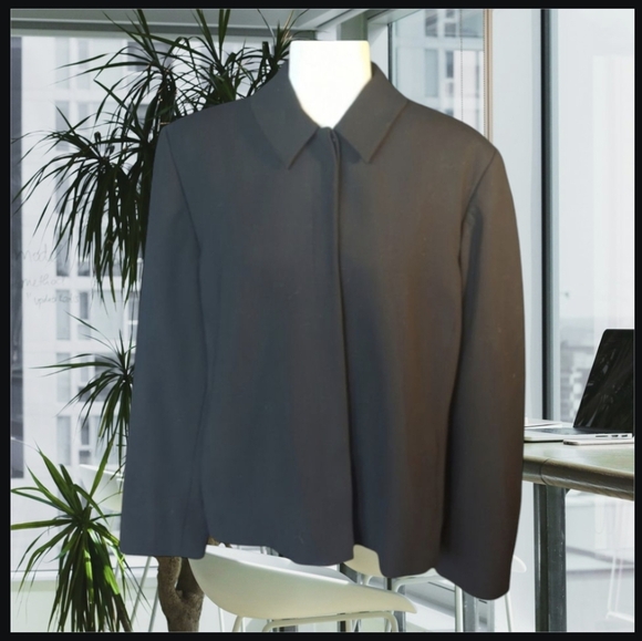 Black 100% wool Quiet Luxury sleek minimalist career hidden button blazer sz 16 - Picture 1 of 8
